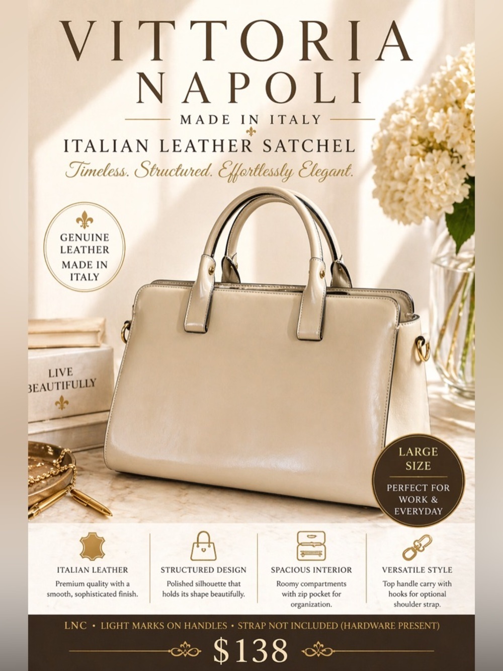Vittoria Napoli Italian Leather Structured Satchel Beige Large Work Tote